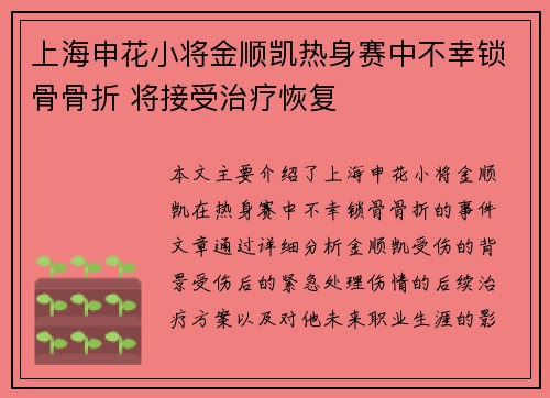 上海申花小将金顺凯热身赛中不幸锁骨骨折 将接受治疗恢复