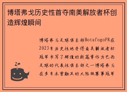 博塔弗戈历史性首夺南美解放者杯创造辉煌瞬间 博塔弗戈历史性首夺南美解放者杯创造辉煌瞬间
